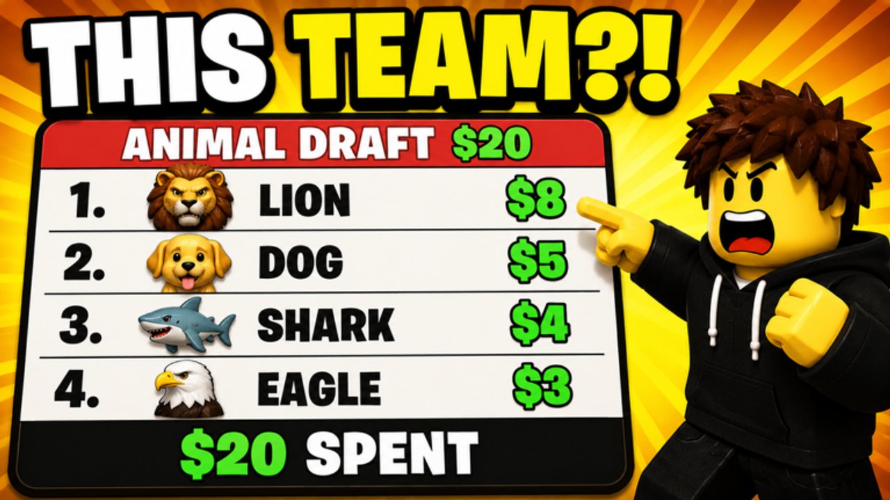 A Roblox avatar points at an Animal Draft board listing Lion, Dog, Shark, and Eagle totaling twenty dollars spent