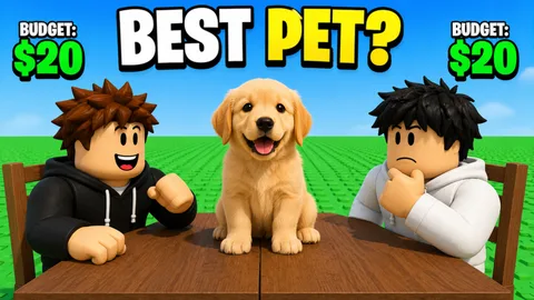 Two Roblox avatars sit at a table with a golden retriever puppy under a BEST PET question and a twenty-dollar budget overlay